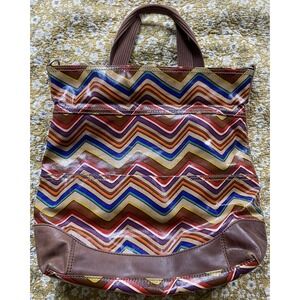 Fossil Key-Per Magnetic Closure Chevron‎ Striped Costed Canvas Tote Bag Purse